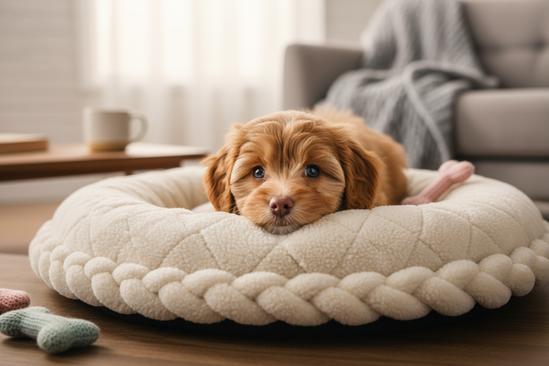 cute little puppy with Pet Bed