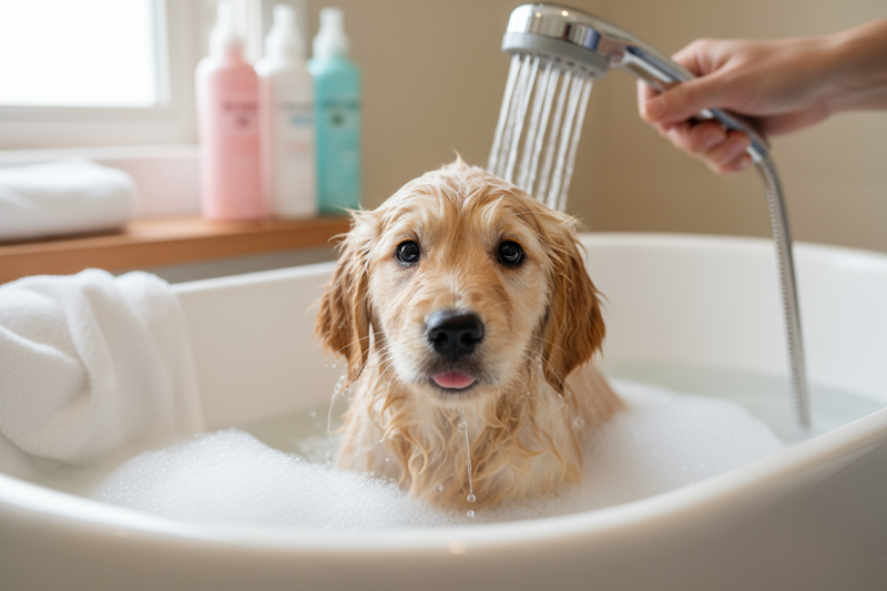 cute puppy bathing realistic 